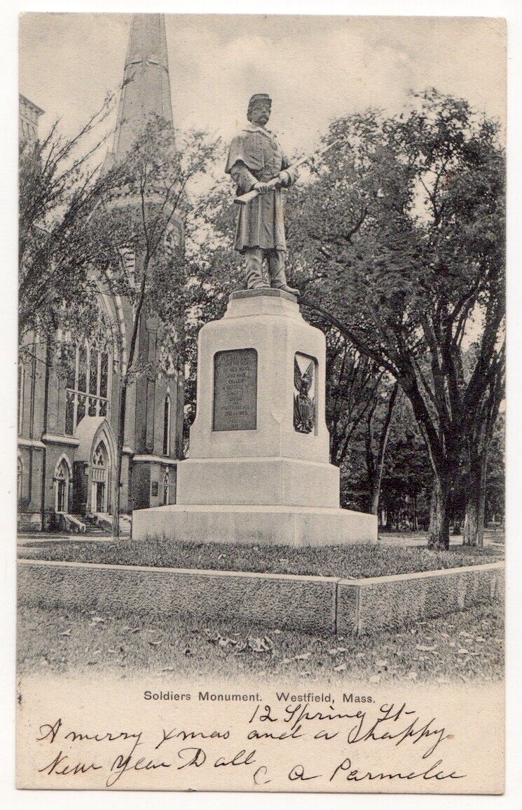 Westfield Massachusetts c1905 Soldiers Monument, statue, church, undivided back