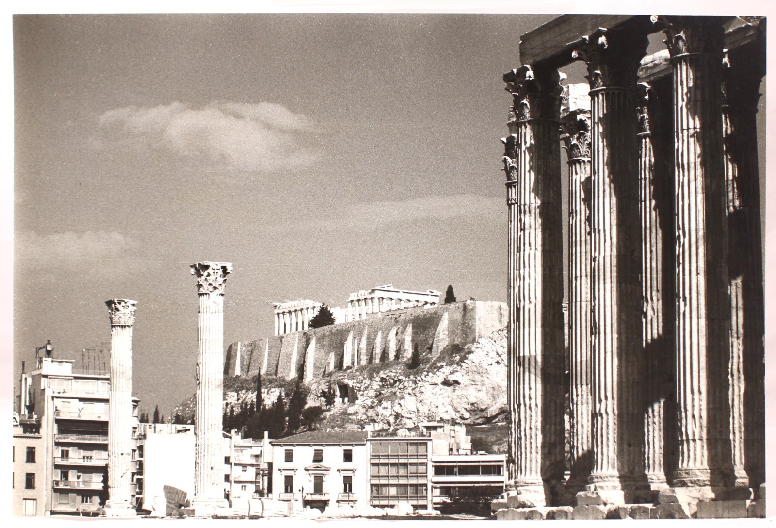 TEMPLE OF OLYMPIAN ZEUS Athens Greece ACROPOLIS in Back B&W Photograph