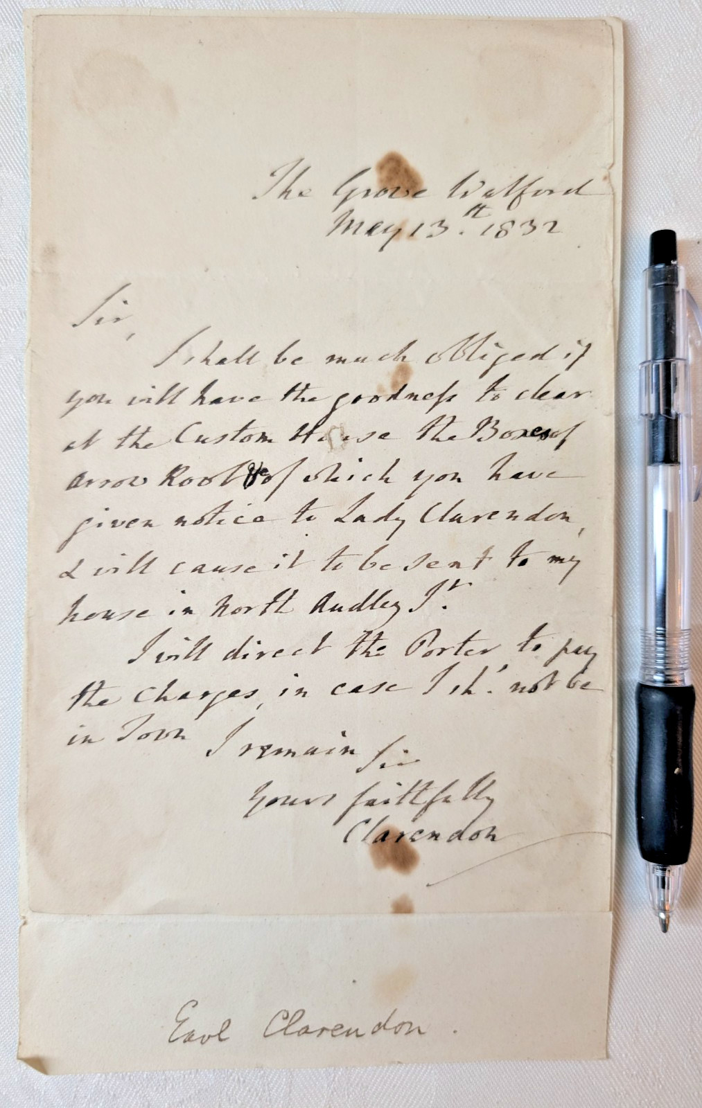 3rd Earl of Clarendon, John Villiers, Signed Letter 1832 3rd Earl of Clarendon, John Villiers, Signed Letter 1832