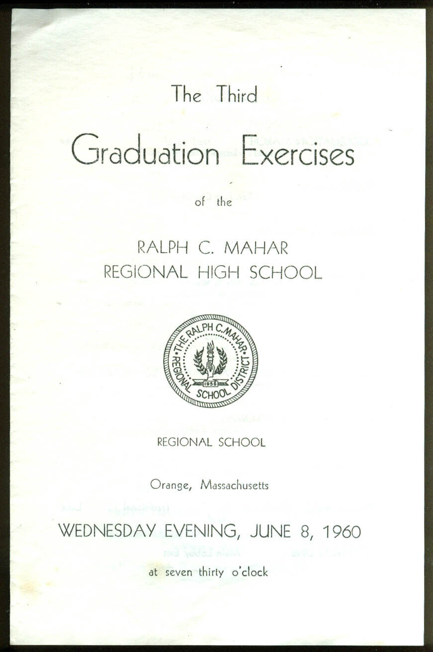 Ralph G Mahar Regional High School Orange MA Graduation Program 1960