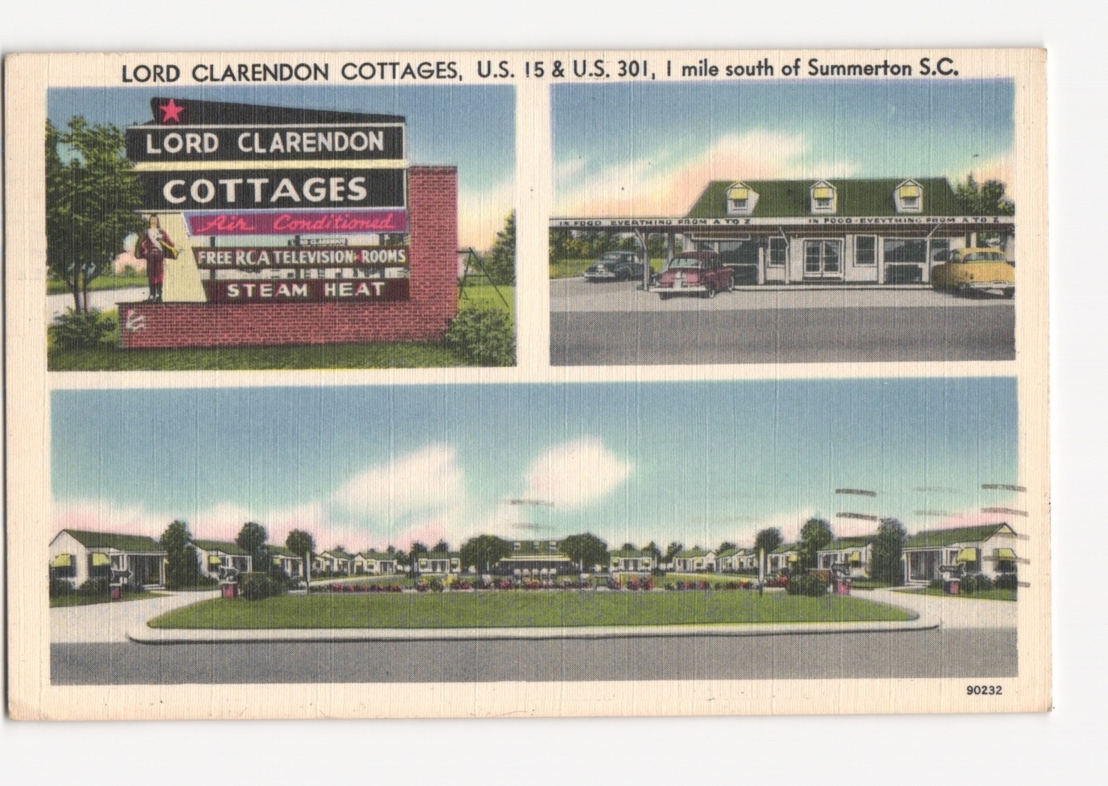 Lord Clarendon Cottages Summerton SC U.S. 15 & 301 Motel Advertising Chrome Lord Clarendon Cottages Summerton SC U.S. 15 & 301 Motel Advertising Chrome