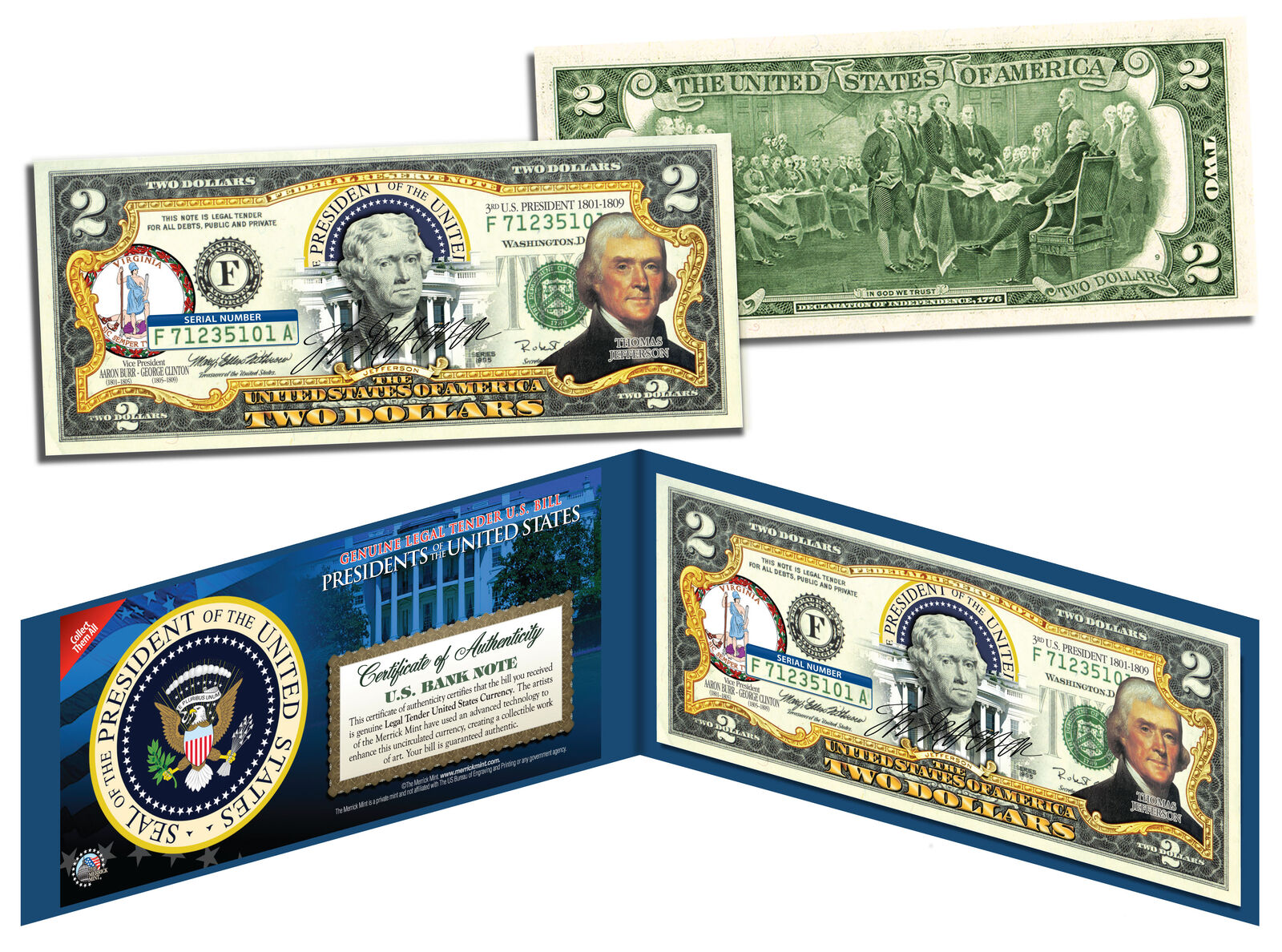 THOMAS JEFFERSON * 3rd U.S. President * Colorized $2 Bill Genuine Legal Tender