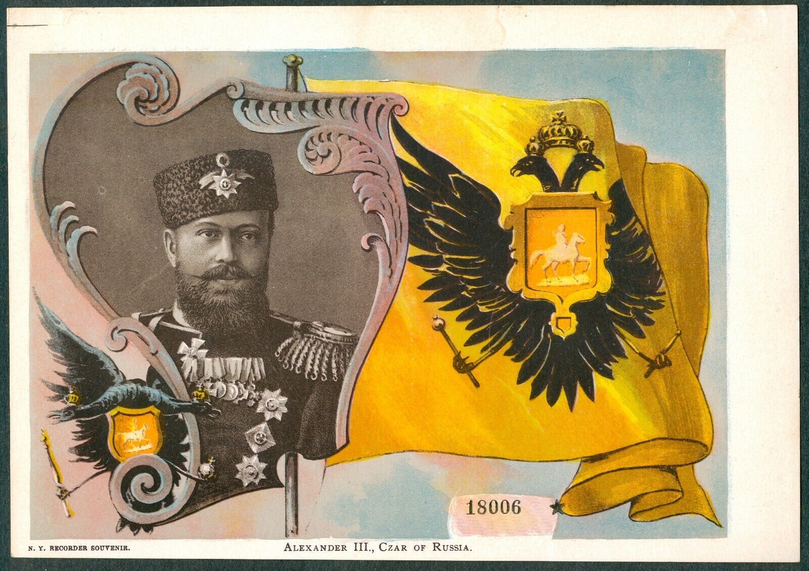 Russian Flag & Czar Alexander III Card M27 New York Recorder Newspaper Tzar 1890