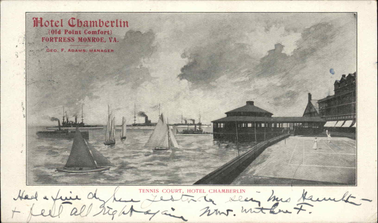 FORTRESS MONROE VA Hotel Chamberlin Tennis Court & Harbor c1905 Postcard FORTRESS MONROE VA Hotel Chamberlin Tennis Court & Harbor c1905 Postcard