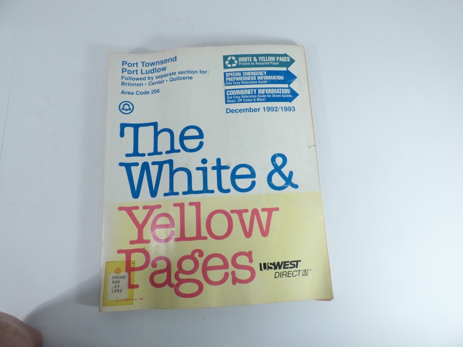 1992 to 1993 Port Townsend Port Ludlow WA Phone Book White & Yellow Pages