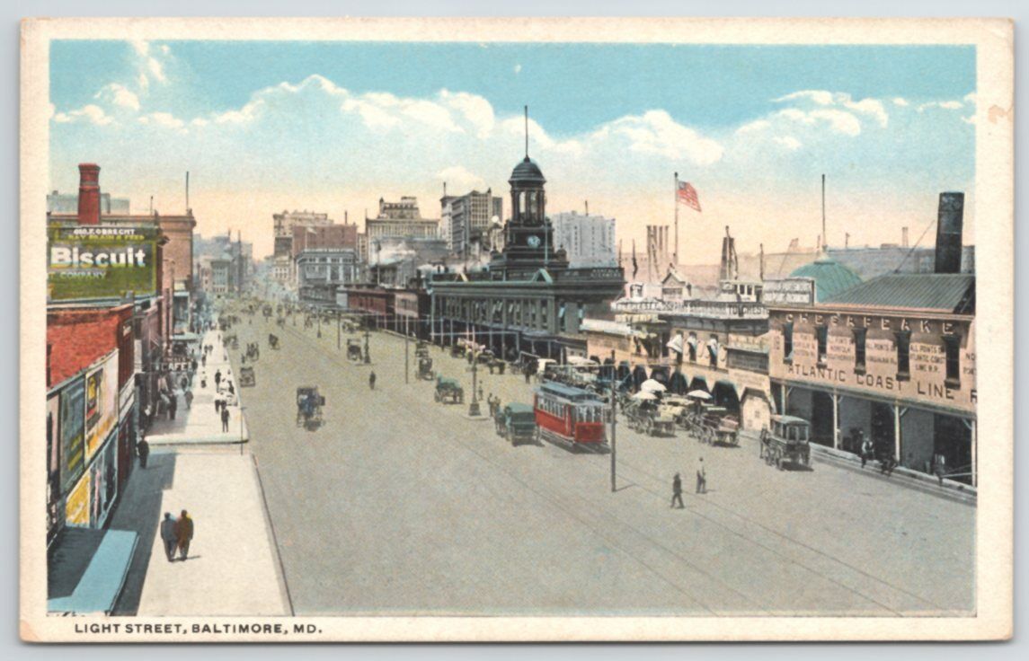 Maryland Baltimore Light Street Scene Trolley c1907 Vintage Postcard