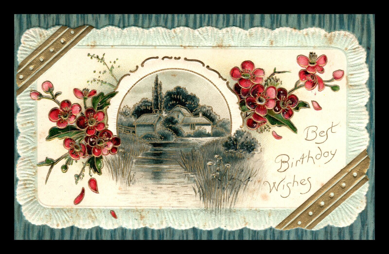 1910  Birthday Best Birthday Wishes Embossed Floral Pond Home Maine Postcard 233