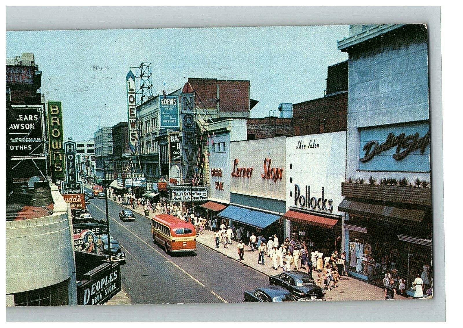 1953 Postcard Norfolk Virginia Granby Street Downtown Storefronts Cars Bus