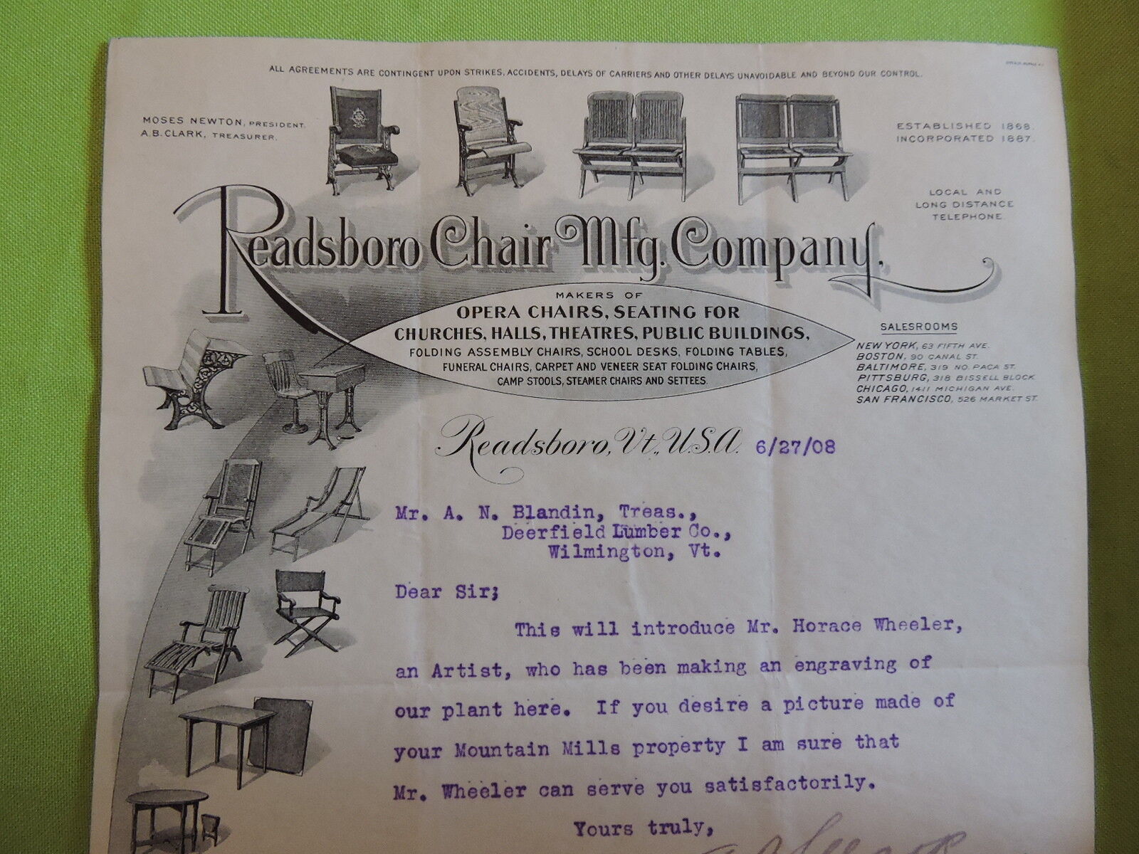 ORIG 1908 Readsboro Vermont VT Chair Co. Letterhead ENGRAVED 