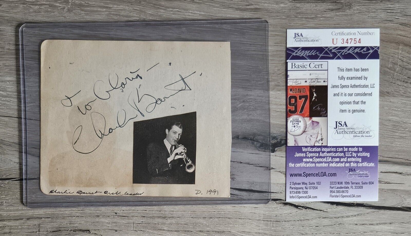 Charlie Barnet Jazz Saxophonist Auto JSA Signed Vintage Album Page Died 1991