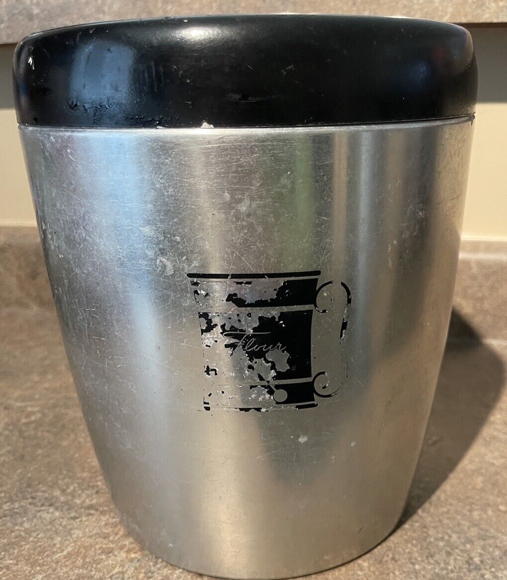 Vintage West Bend Flour Canister Container Silver Black Aluminum Made in USA