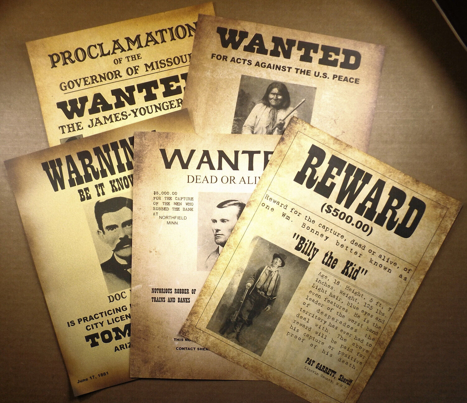 Old West Style Wanted Poster Set of 5, Billy the Kid, Jesse James, more, 5A