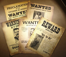 Old West Style Wanted Poster Set of 5, Billy the Kid, Jesse James, more, 5A picture