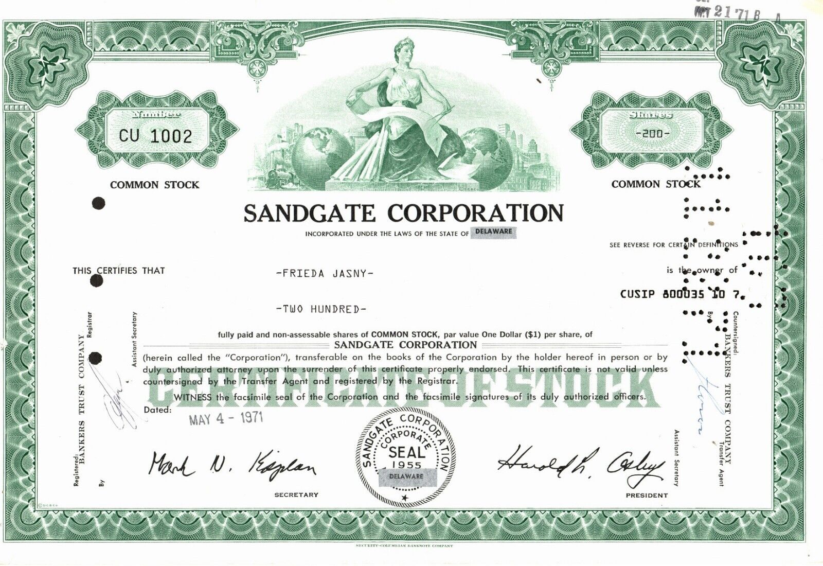 Sandgate Corporation - Original Stock Certificate - 1971 - CU1002