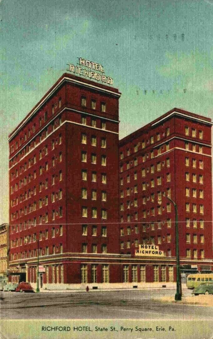 State Street View Cars Hotel Richford Fireproof Perry Square Erie PA Postcard