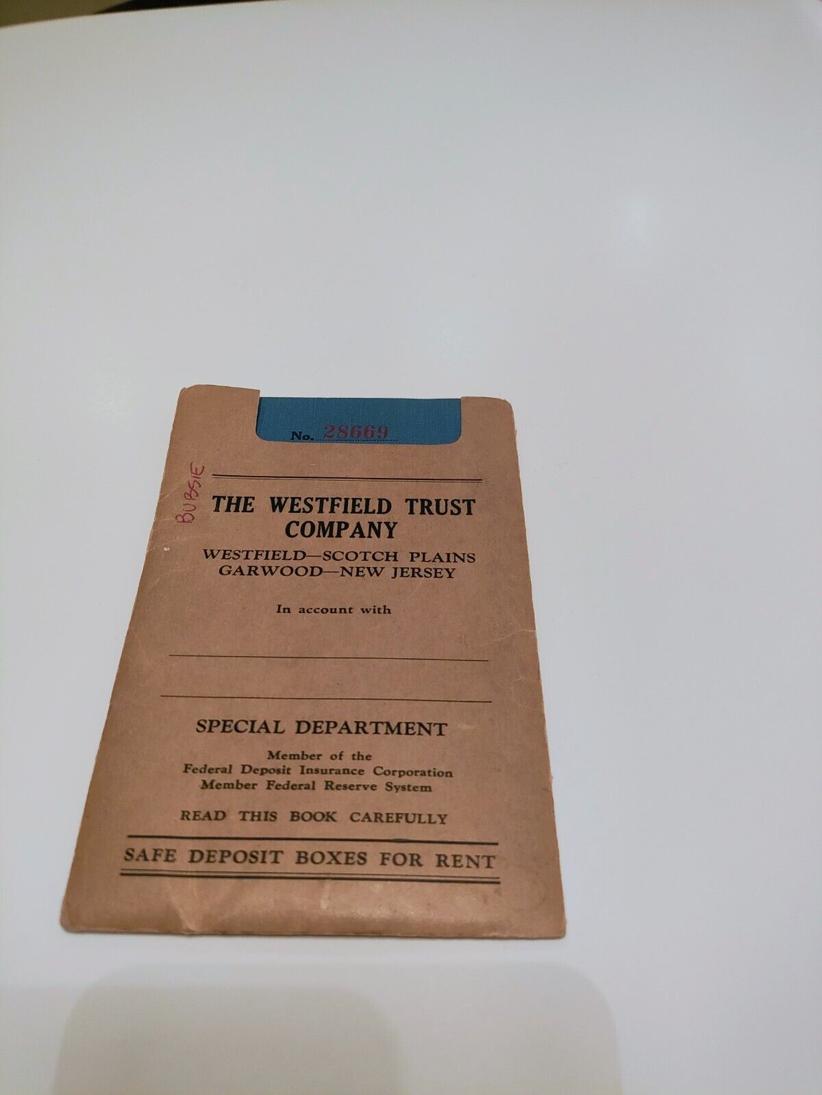 Vintage 1948 Westfield (NJ) Trust Company Bank Deposit Book With  One Deposit