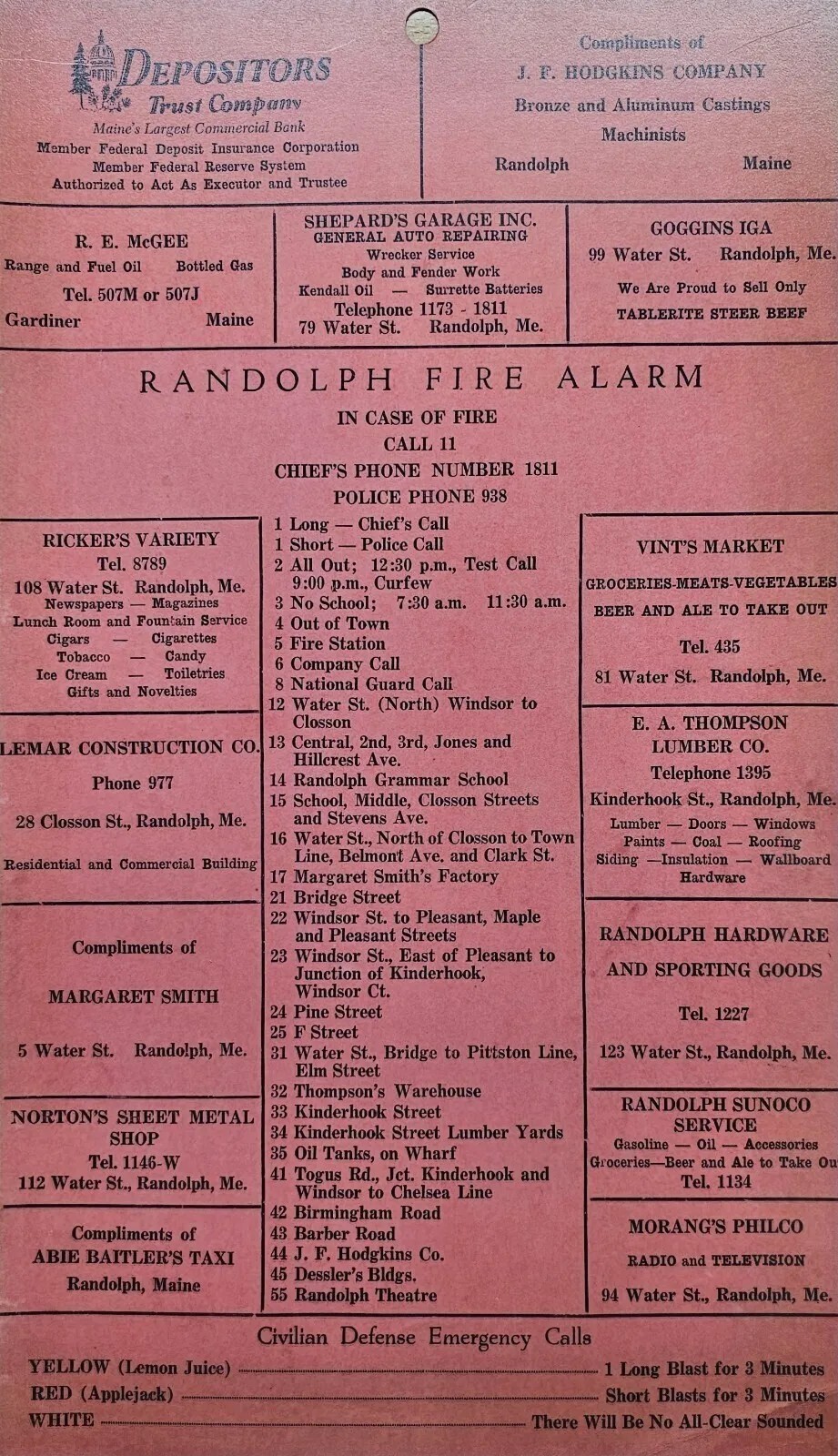 Randolph,Gardiner Maine, Telephone Fire Alarm Call Card 1955-65 Randolph,Gardiner Maine, Telephone Fire Alarm Call Card 1955-65