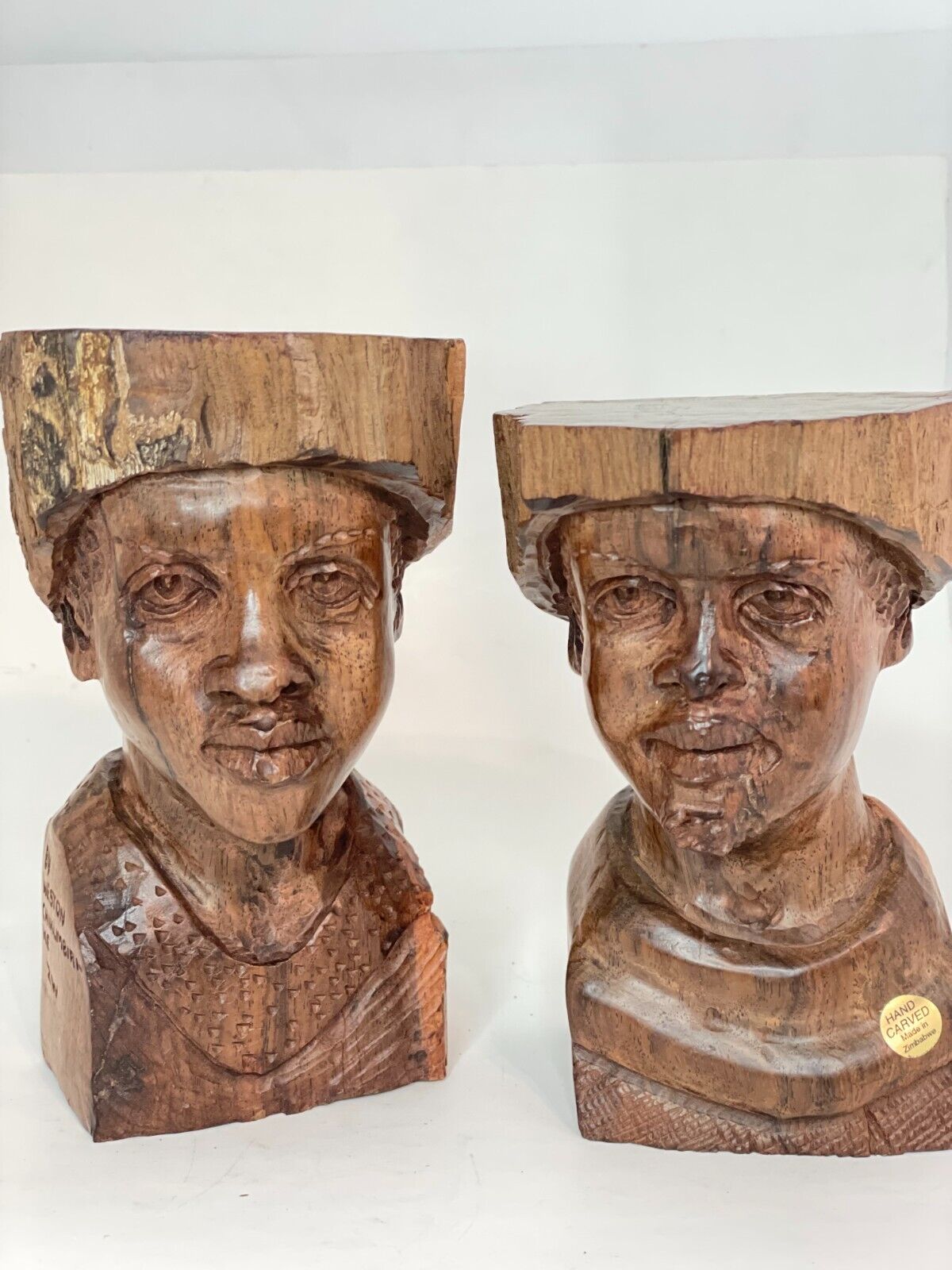 African Handcarved Wooden Bust-Weston Chikumbirike ZW Pair Statues, Signed