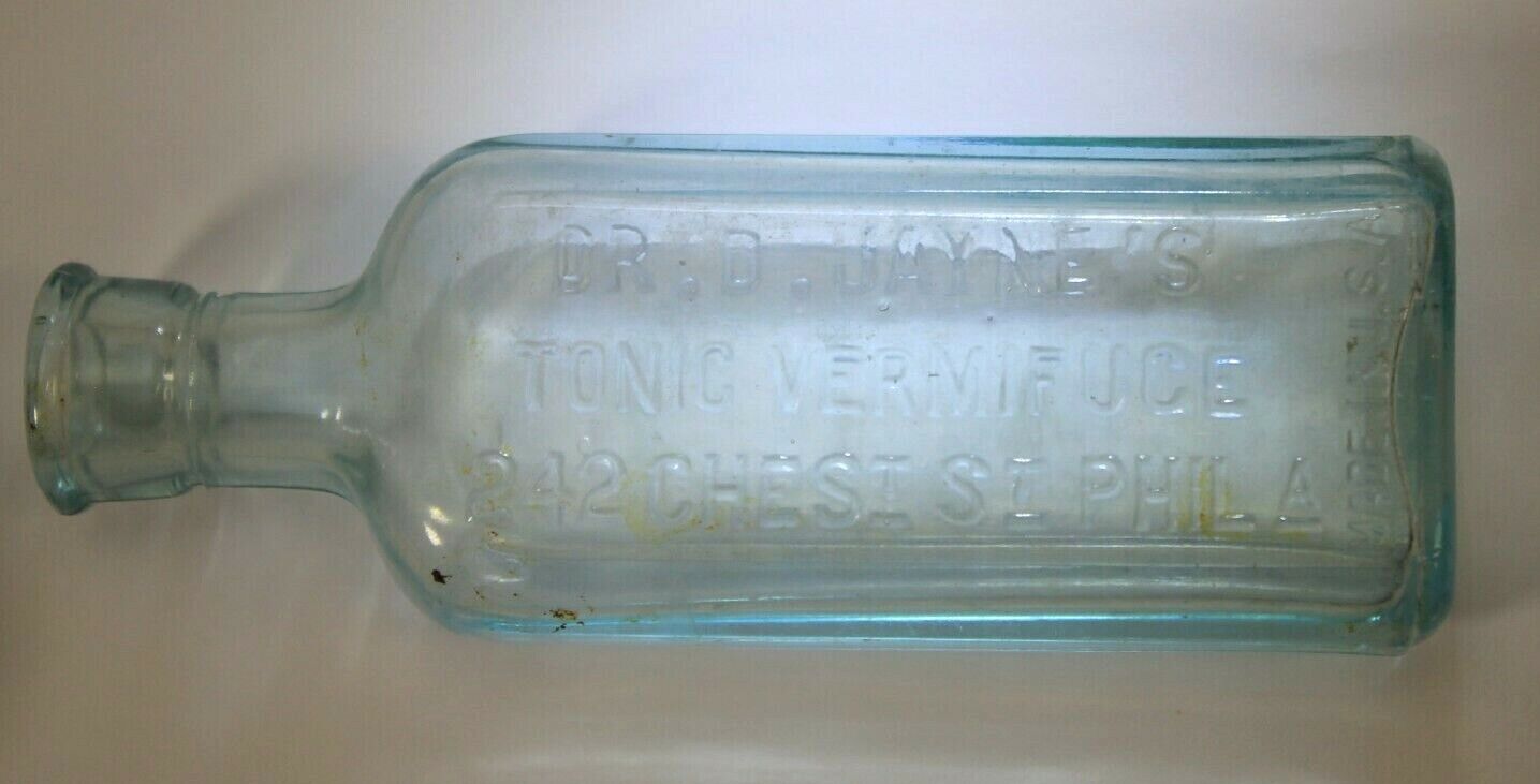 Antique/Vintage DR. D. JAYNE\'S TONIC VERMIFUCE GLASS BOTTLE - 242 CHEST.ST PHILA