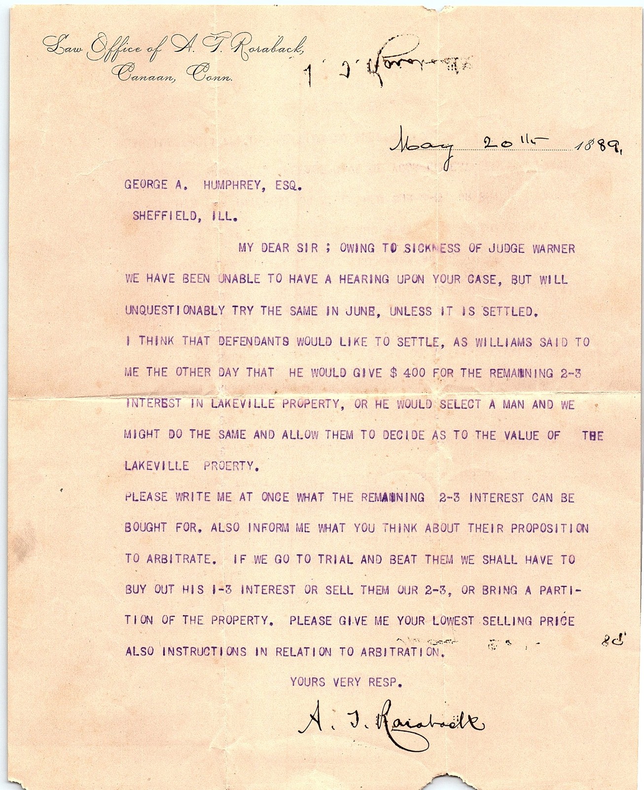 1889 Canaan, CT Law Office Letter: Property Dispute Settleme 1889 Canaan, CT Law Office Letter: Property Dispute Settleme