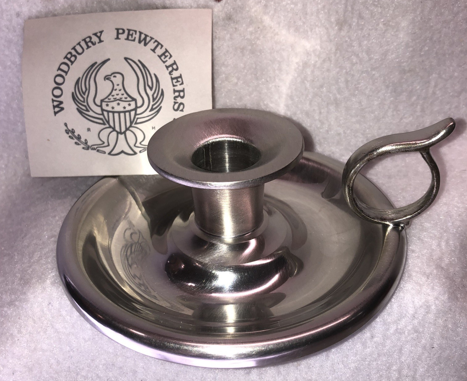 Vtg Woodbury Pewter Chamberstick Candle Holder Colonial Finger Loop Handle USA Vtg Woodbury Pewter Chamberstick Candle Holder Colonial Finger Loop Handle USA