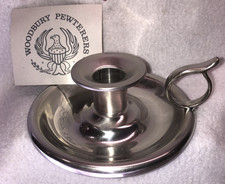 Vtg Woodbury Pewter Chamberstick Candle Holder Colonial Finger Loop Handle USA picture