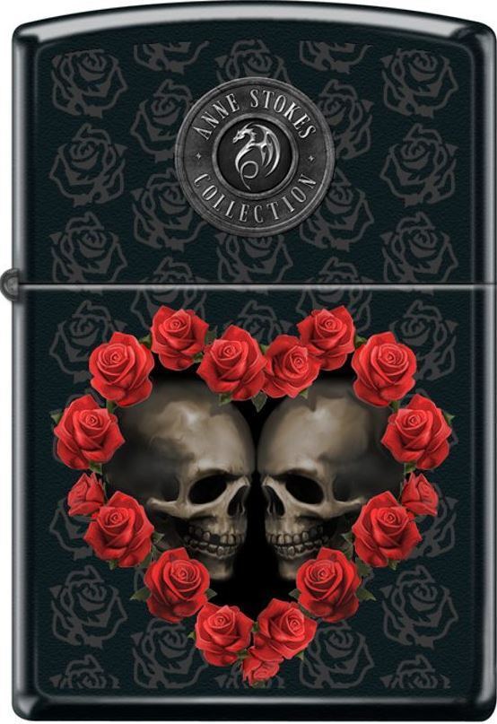 Zippo Anne Stokes Skull, Red Heart Roses, Gothic, Fantasy On Black Matte Lighter