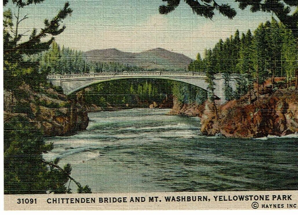 vtg Chittenden Bridge & Mt Washburn Yellowstone Park Linen Mini Postcard 31091