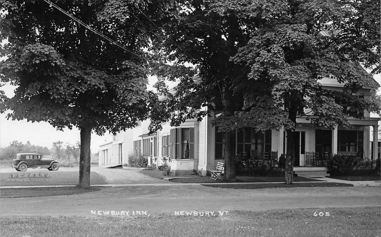 Newbury Vermont~Bench In Front of Inn~Shade Trees~1920s Automobile~RPPC Postcard