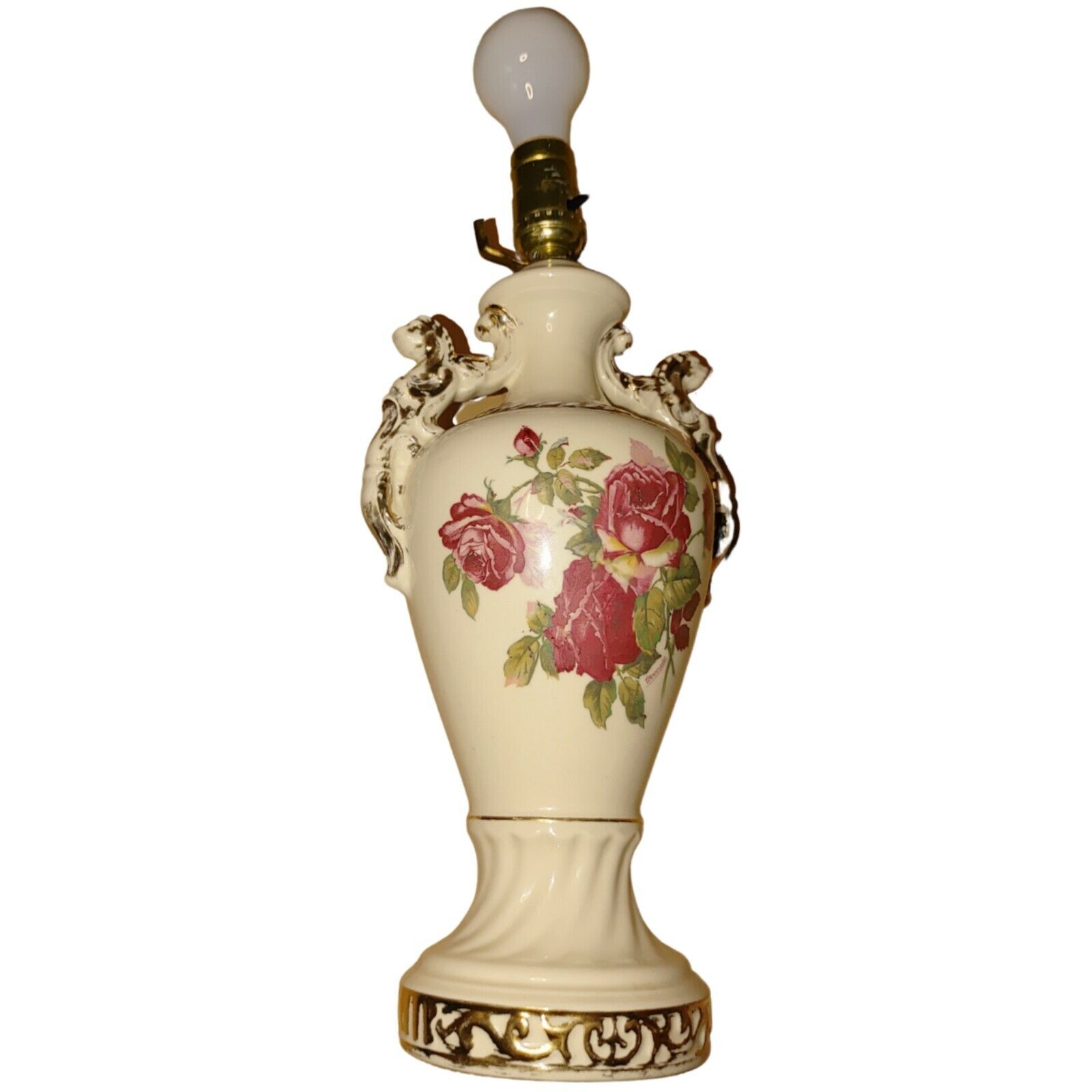 Vintage 1940's China Lamp Ruby Roses Gold Accents Signed Worrall.