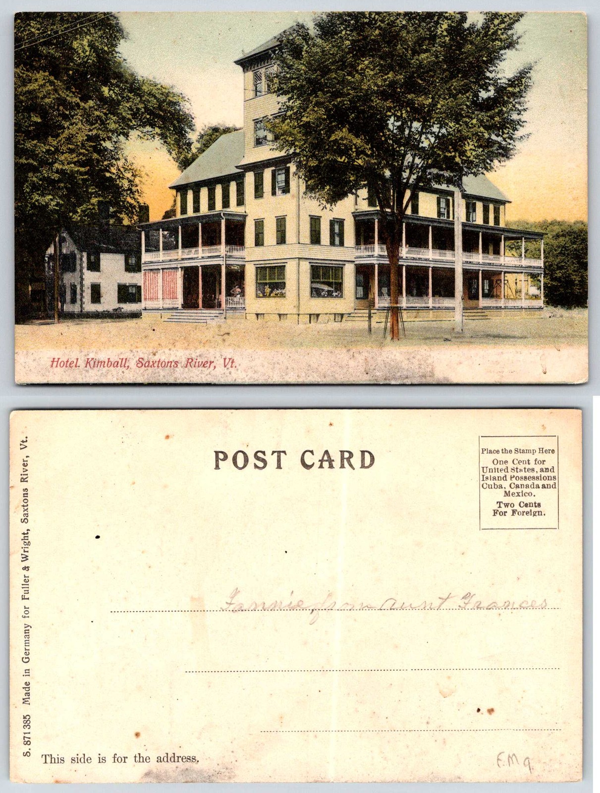 Saxtons River Vermont Hotel Kimball Hand Tinted Postcard AB187