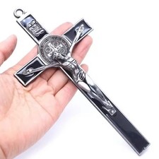St Benedict Black Silver Enamel Wall 7.5” Cross Crucifix Catholic Crucifijo Cruz picture