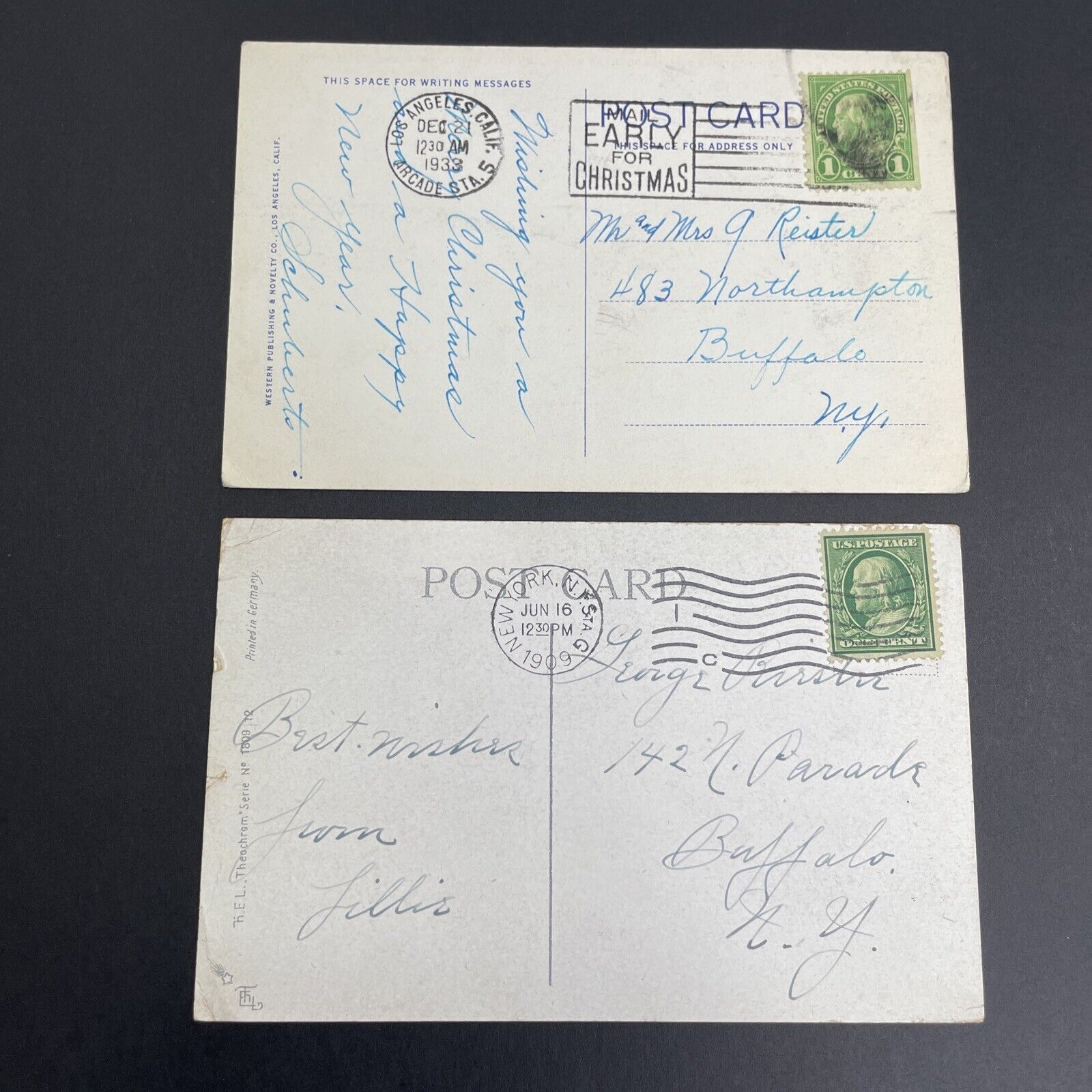 2 George Reister Williamsville New York 1909/1933 Postcards W/ Rare Stamps PC562