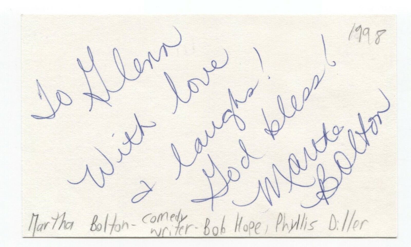 Martha Bolton Signed 3x5 Index Card Autographed Signature Author Comedy Writer