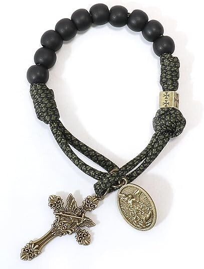 St. Michael One Decade Green Paracord Black Beads Bracelet Prayer Rosary St. Michael One Decade Green Paracord Black Beads Bracelet Prayer Rosary