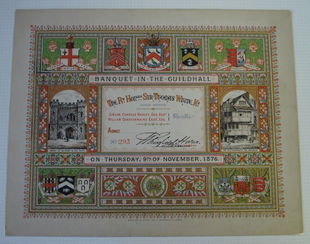 FINE LARGE LONDON GUILDHALL BANQUET TICKET 1876 RT. HON. SIR THOMAS WHITE