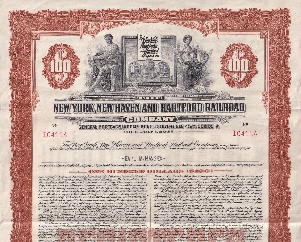 1949 New York, New Haven & Hartford Railroad- 4 1/2% Mortgage Bond for $100 1949 New York, New Haven & Hartford Railroad- 4 1/2% Mortgage Bond for $100
