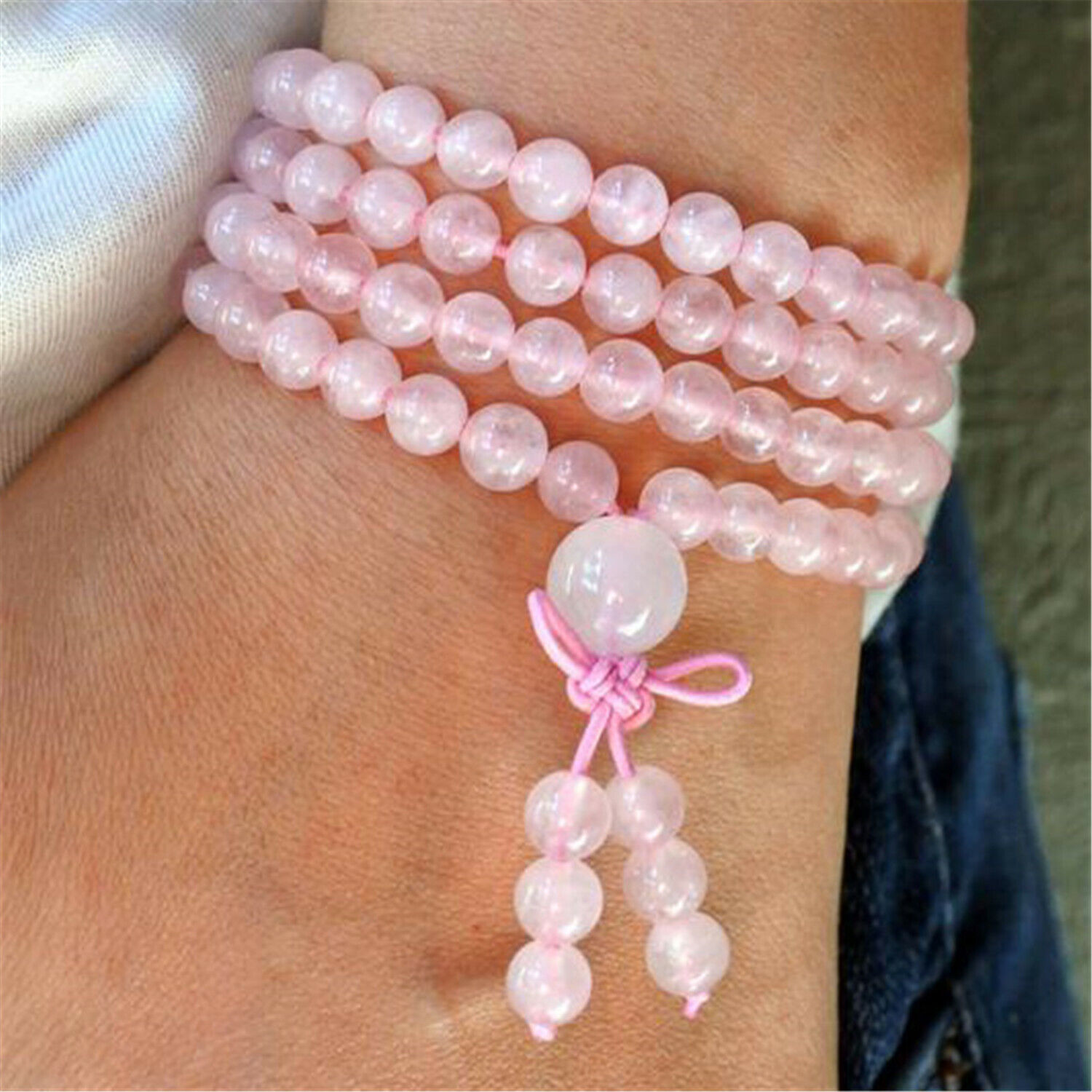 6mm Rose Quartz 108 Beads Handmade Tassel Necklace Bracelet Buddhism Meditation