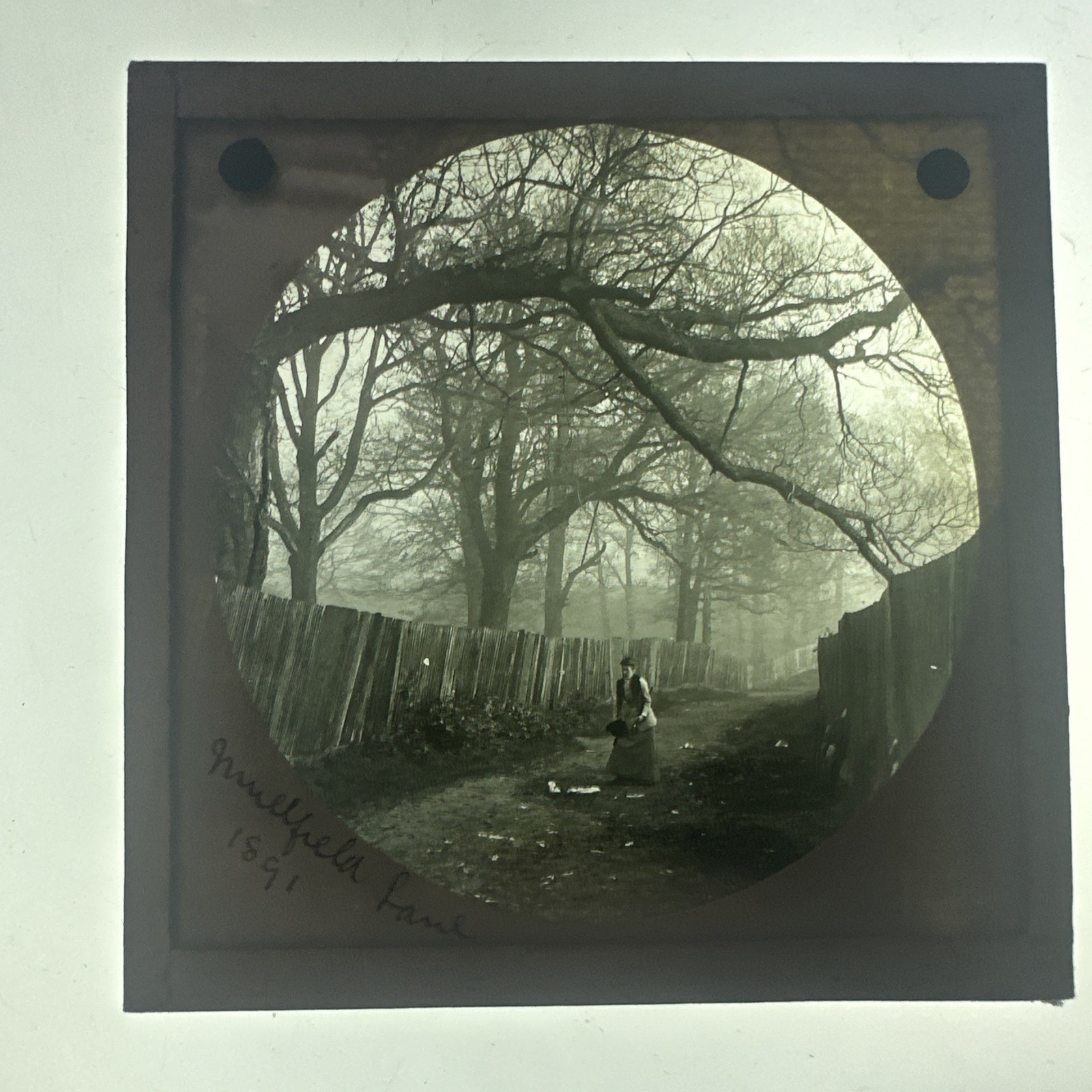 Antique Magic Lantern Slide woman on Millfield Lane near Highgate London Antique Magic Lantern Slide woman on Millfield Lane near Highgate London