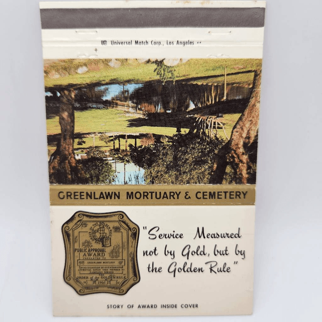 Vintage Matchcover Greenlawn Mortuary & Cemetery Bakersfield California