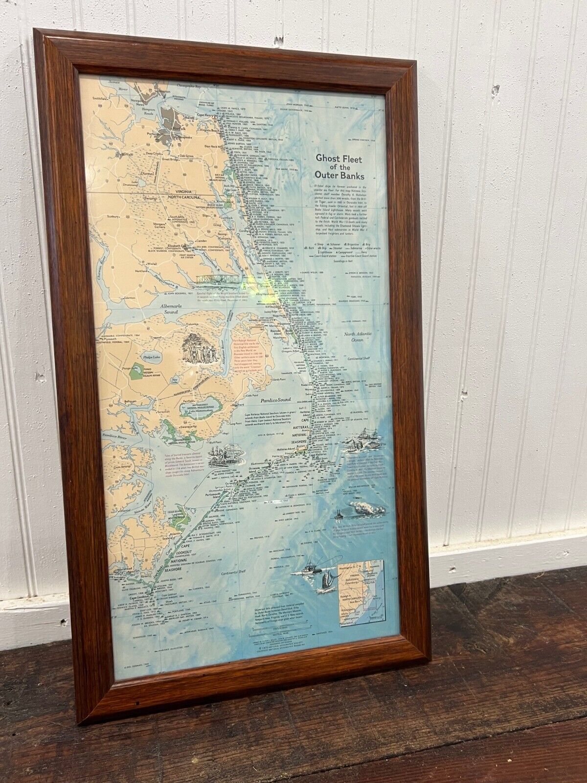 GHOST SHIPS FLEET OF THE OUTER BANKS MAP FRAMED SHOWING WRECK NAMES MARITIME