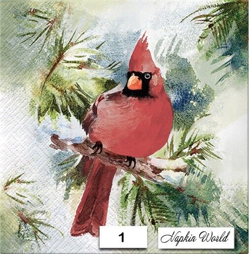 (1) TWO Individual Paper LUNCHEON Decoupage Napkins - RED CARDINAL BIRD in PINE
