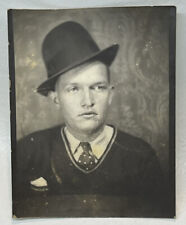 Vtg Photo Booth Photo Handsome Man with Cocked Derby Hat Bowler Full Lips picture