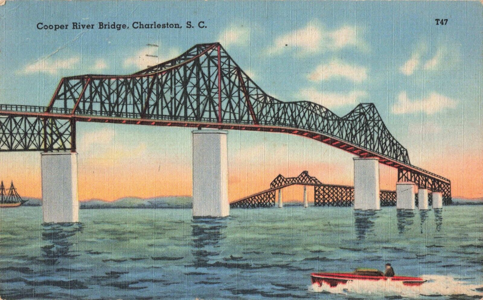 Charleston SC South Carolina, Cooper River Bridge, Vintage Postcard