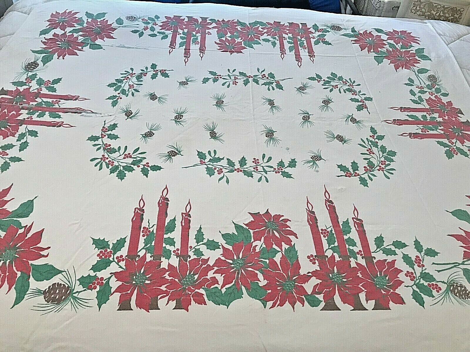 Christmas Tablecloth Poinsettias Holly Pine Cones Candles Cutter 52\