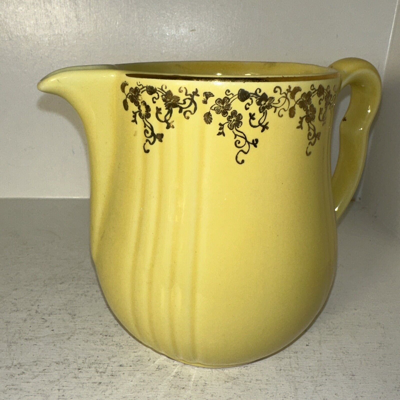 Vintage Hall China Yellow Jug Pitcher with Gold Design