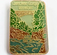 Vintage Enamel Lapel Pin Featuring Quechee Gorge Bridge in Vermont Gold Tone picture