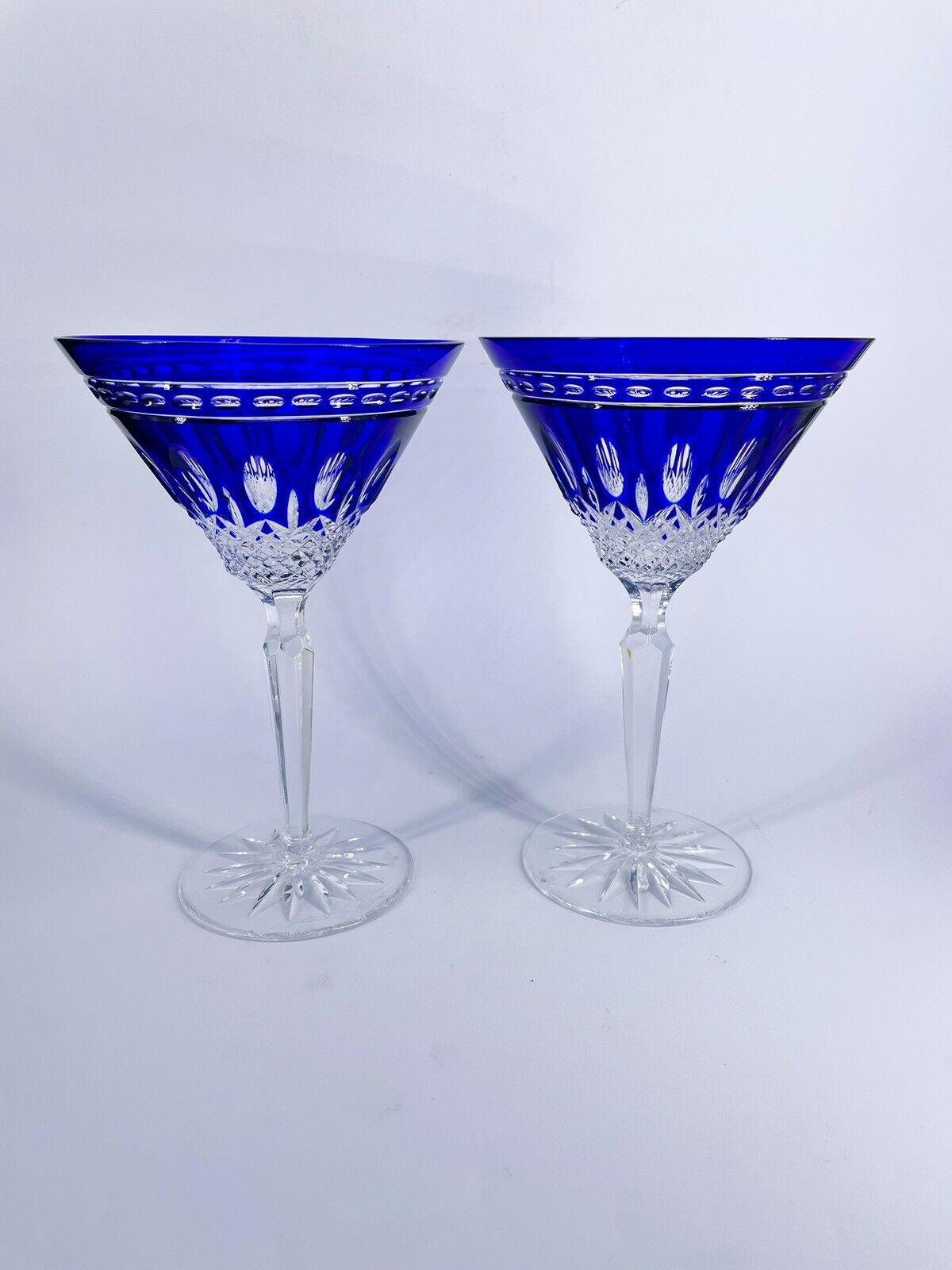 Waterford Clarendon Cobalt Martini Crystal Glasses Signed John Coughlon Pair
