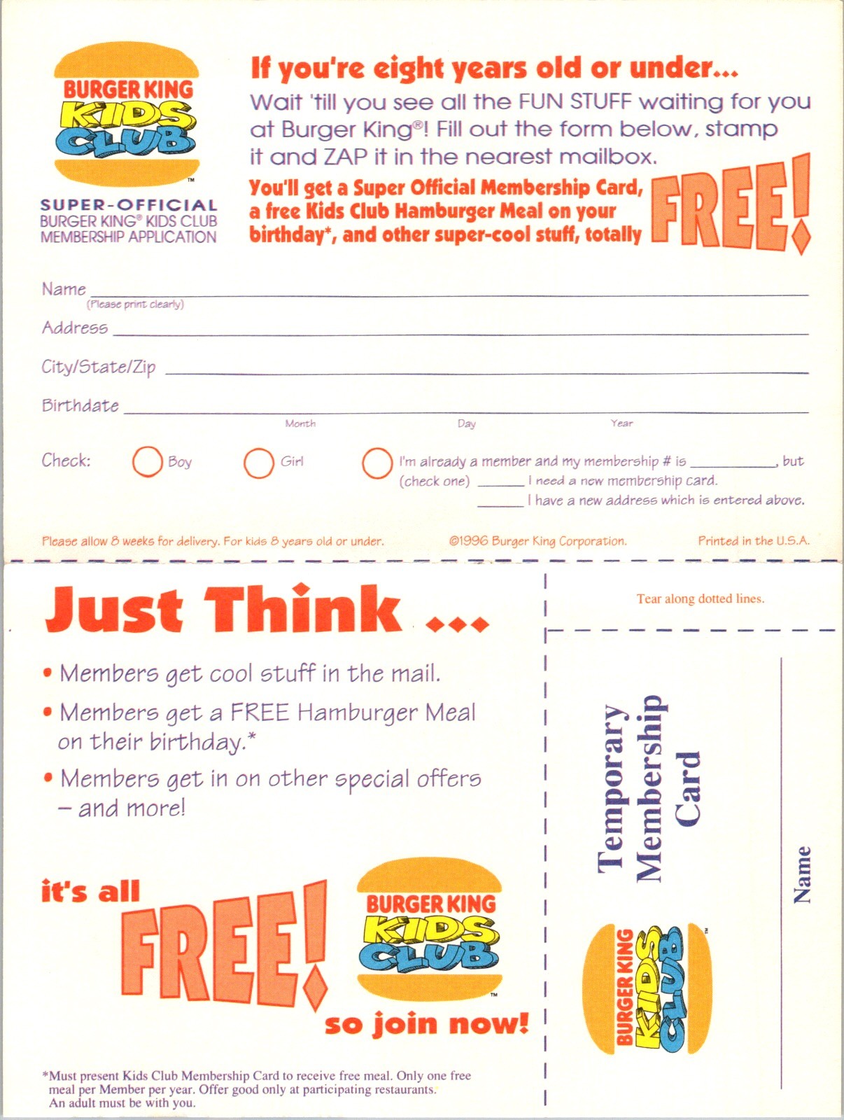 1996 Burger King Kids Club Membership Application Hiram GA Fun Design 1996 Burger King Kids Club Membership Application Hiram GA Fun Design