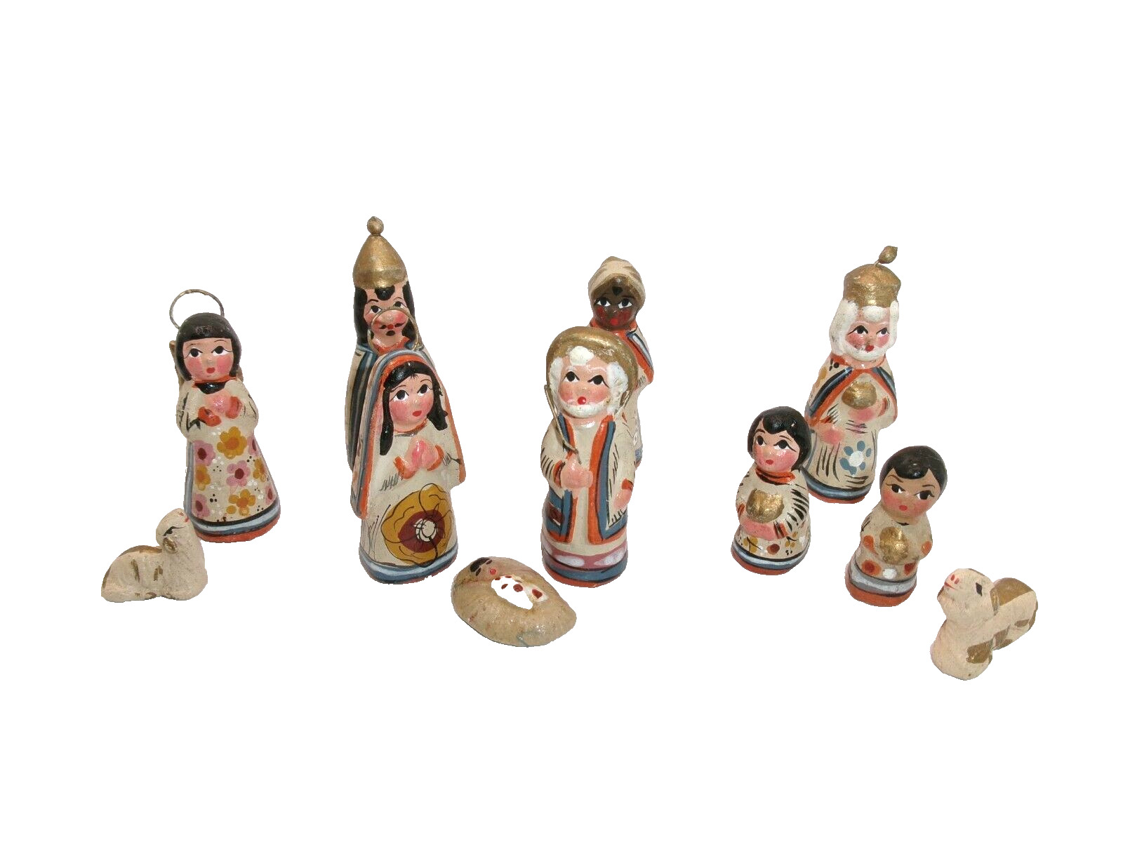 Mexican Nativity Set of 11 Figures Folk Art Hand Painted Clay Orange & Blue Vtg